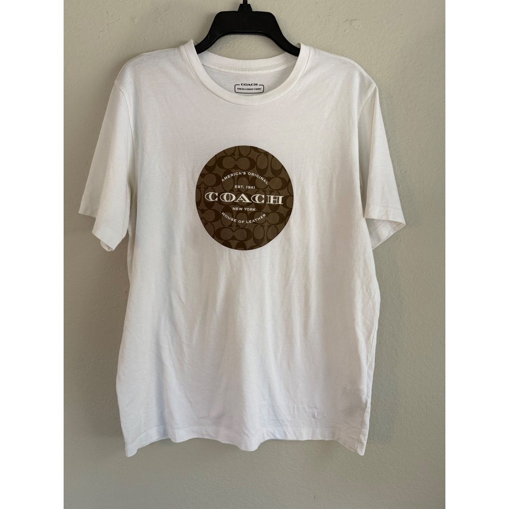 Coach New York Mens White Graphic Logo T-Shirt Medium Circle Monogram Print